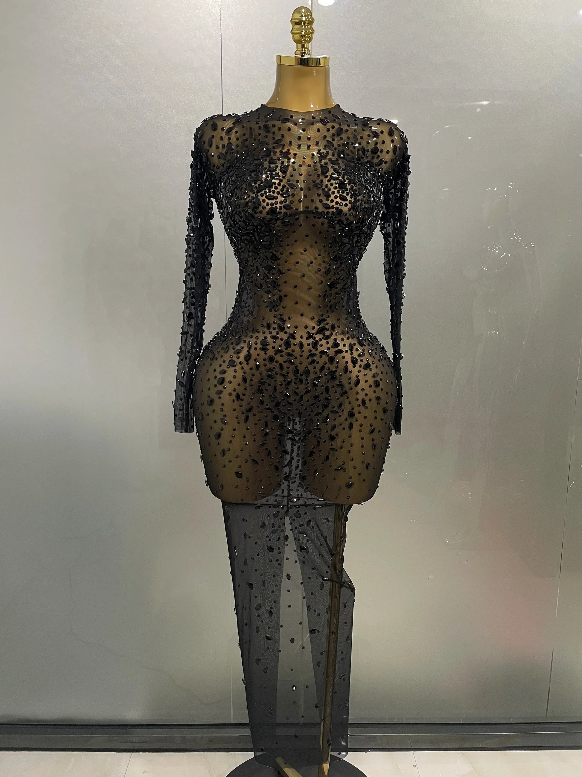 Sexy Shinny Rhinestone Stretch Mesh Transparent Long Dress Women Evening Birthday Party Prom Nightclub Singer Stage Wear black