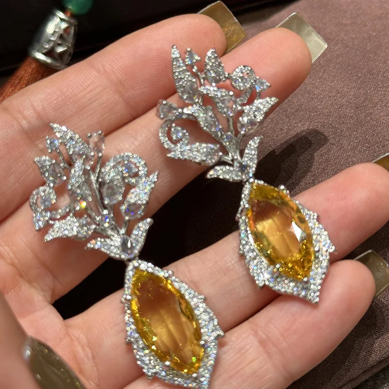 Luxury Yellow Zircon Bridal Earrings CZ Cubic Zirconia Wedding Earring For Brides Accessories Women Party Dinner Dress Jewelry a