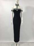 2024 Heavy Industry Beaded Women Sexy Bandage Dress Hanging Neck Style Card Shoulder Sleeve Bodycon Off Back Long Dress Vestidos black