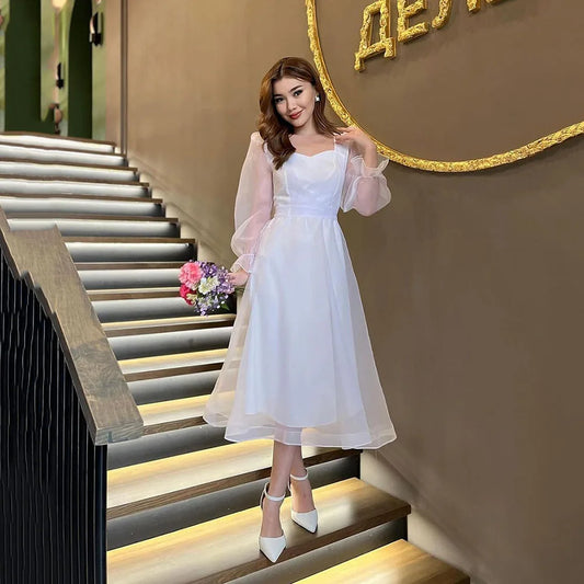 Prom Dress Wedding Reception Dress Party Dress Formal Evening Gown A-line Long Sleeves Special Occasion Dresses White