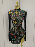 Sexy Sparkle Multicolor Rhinestones Black Velvet Gloves Slit Short Dress Women Evening Birthday Party Club Stage Costume Black Mesh