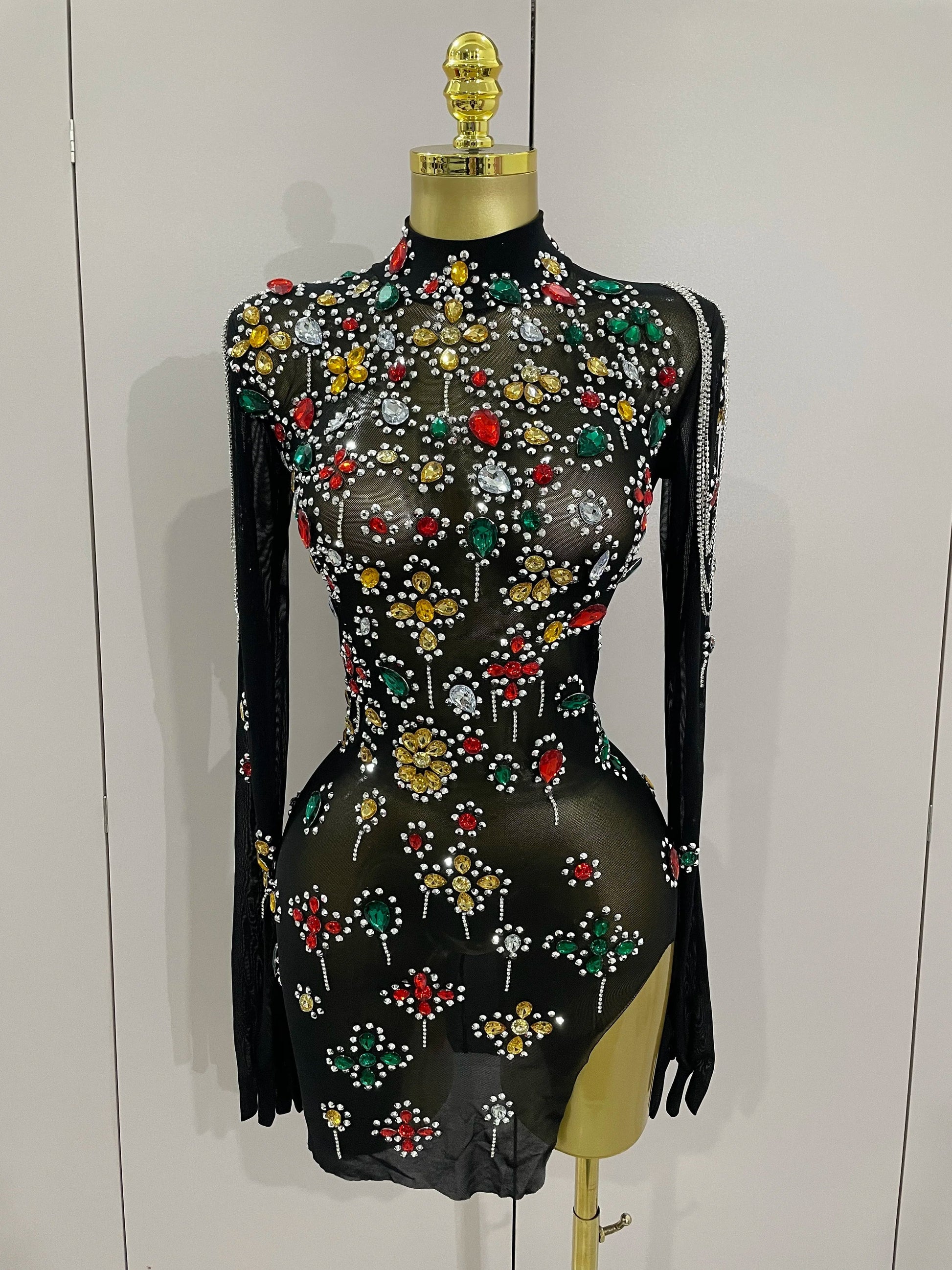 Sexy Sparkle Multicolor Rhinestones Black Velvet Gloves Slit Short Dress Women Evening Birthday Party Club Stage Costume Black Mesh