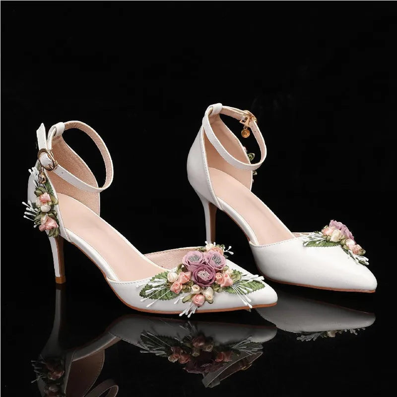 2025 Fashion Flowers Leaf Satin Mary Janes Women Pumps Spring Autumn Elegant Pointed toe Thin High heels Wedding Bridal Shoes