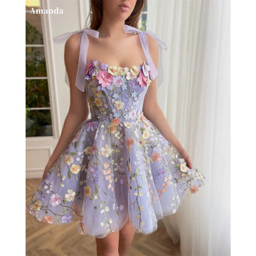Amanda 2024 Sweet Mini Flower Vestido De Novia Cute Spaghetti Strap Evening Dress Lavender 3D Flower Short Prom Dress 2024