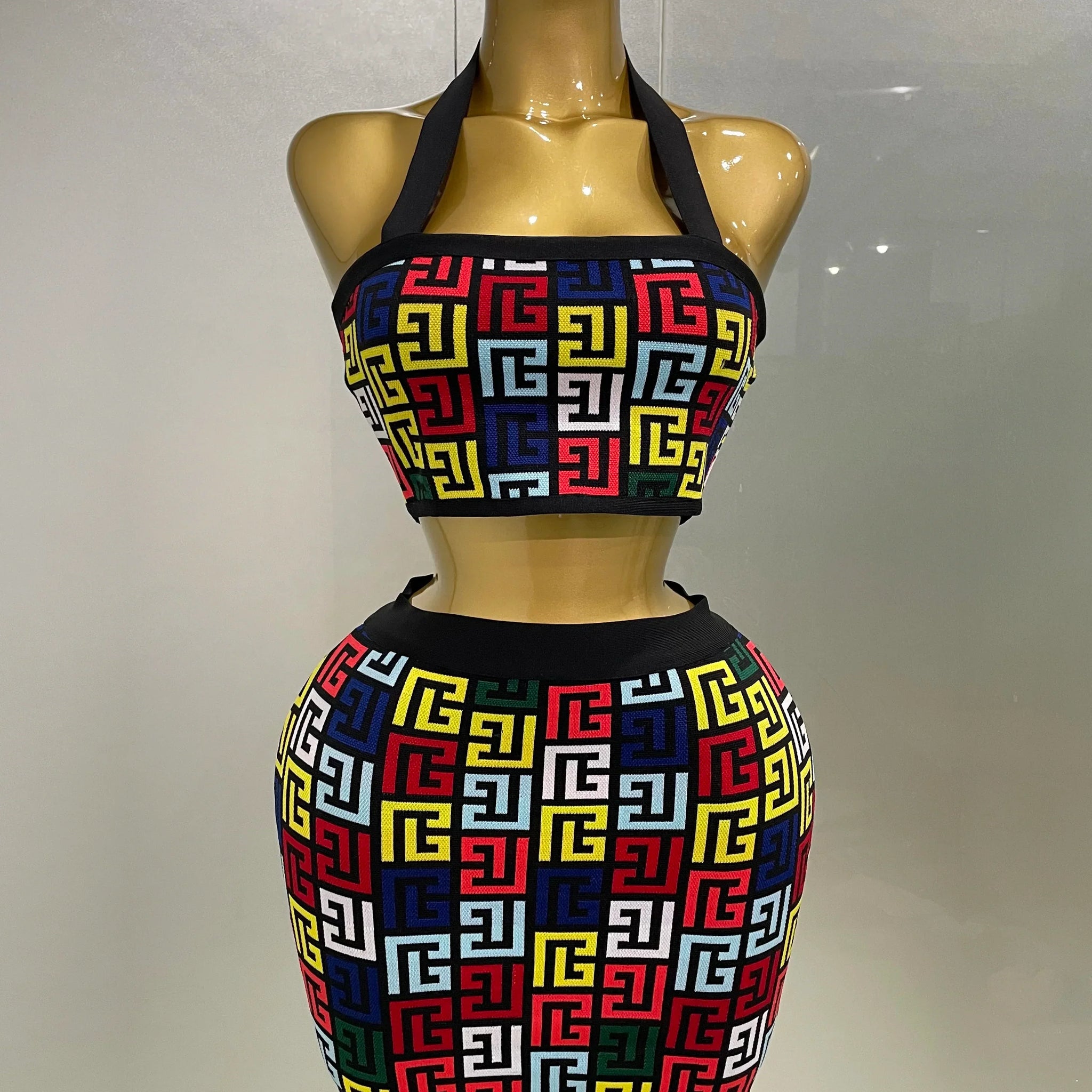 Women Sexy Backless Halter Jacquard Two Piece Mini Skirt Bandage Set Celebrity Designer Evening Party Women's Set MULTI