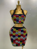 Women Sexy Backless Halter Jacquard Two Piece Mini Skirt Bandage Set Celebrity Designer Evening Party Women's Set MULTI