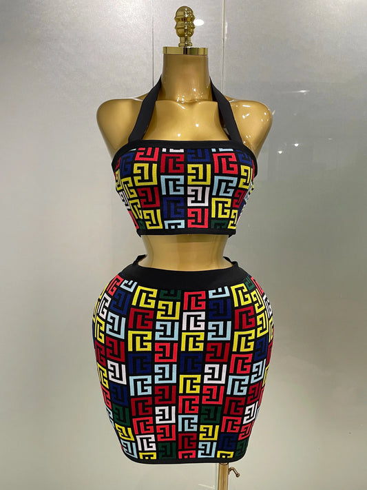 Women Sexy Backless Halter Jacquard Two Piece Mini Skirt Bandage Set Celebrity Designer Evening Party Women's Set MULTI