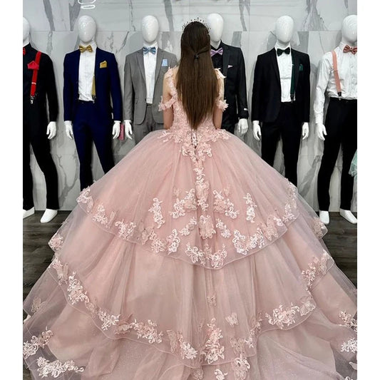 Pink Quinceanera Dresses Off-Shoulder Beaded Flowers Appliques Vestidos De 15 Anos Formal Prom Birthday Party Gown