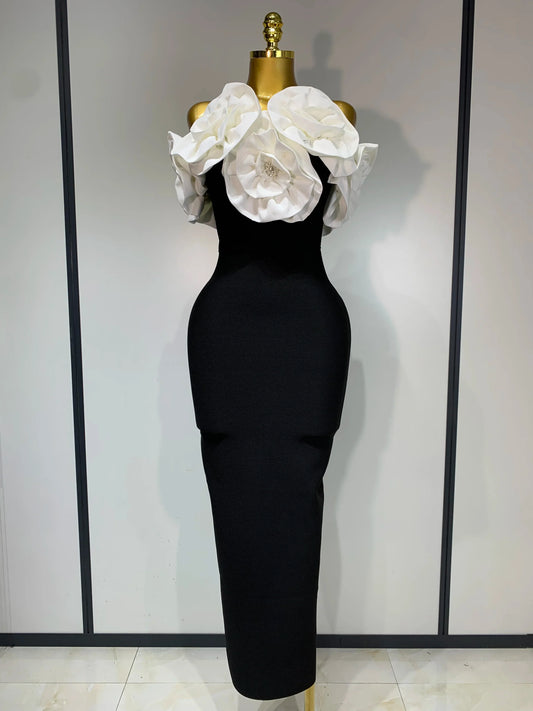 Women Sexy Off Shoulder Flower Diamonds Long Bodycon Bandage Dress Celebrity Elegant Evening Luxury Birthday Party Dresses WHITE