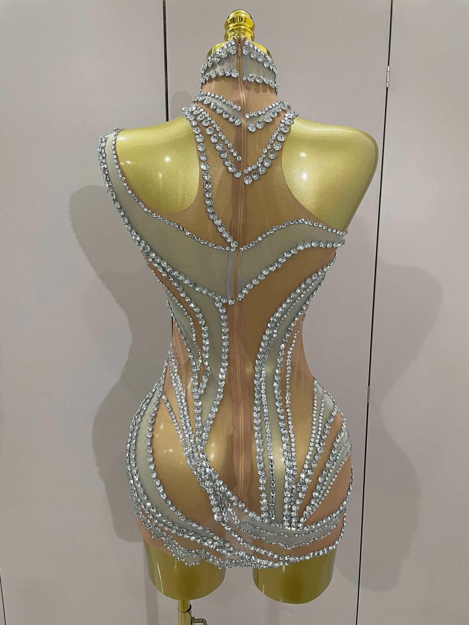 Luxury Sparkly Crystals See Through Mini Dress Women Celebrate Birthday Party Gowns Singer Performance Stretch Stage Costume