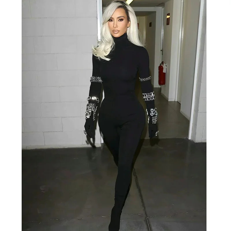 Arrival Shining Diamonds Sleeve Black Bodycom Bandage Jumpsuit Fashion Woman Party Outfit Nightclub Performance Costume
