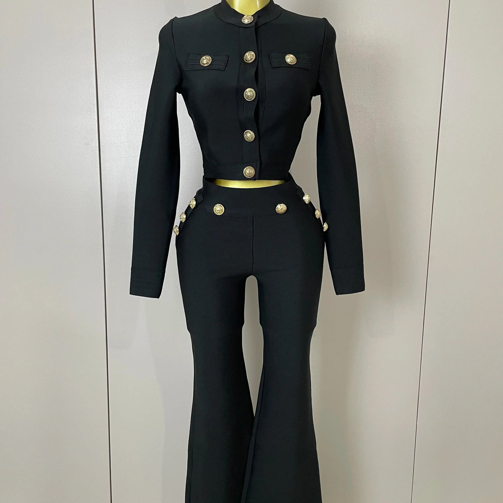 Golden Buttons Short Coat Top And Flare Pants Bandage 2 Pieces Set Woman Celebrity Evening Party Vestidos black