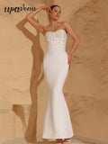 Sexy Women'S Light Luxury Pearl Design Fish Tail Bandage Dress Strapless Sleeveless Bodycon Backless Long Dresses Vestidos