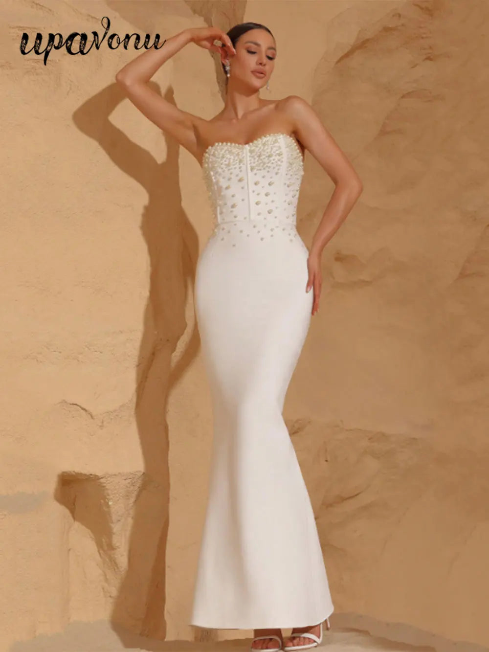 Sexy Women'S Light Luxury Pearl Design Fish Tail Bandage Dress Strapless Sleeveless Bodycon Backless Long Dresses Vestidos