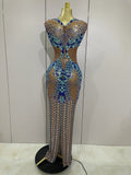 Luxury Sparkly Rhinestones Nude Sexy Mesh Maxi Dress Women Evening Birthday Party Elegant Gown Show Red carpet Stage Costume