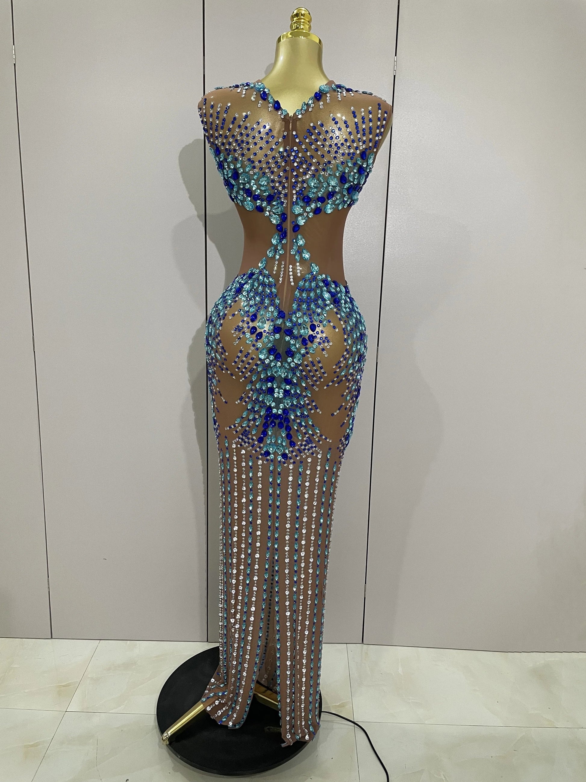 Luxury Sparkly Rhinestones Nude Sexy Mesh Maxi Dress Women Evening Birthday Party Elegant Gown Show Red carpet Stage Costume
