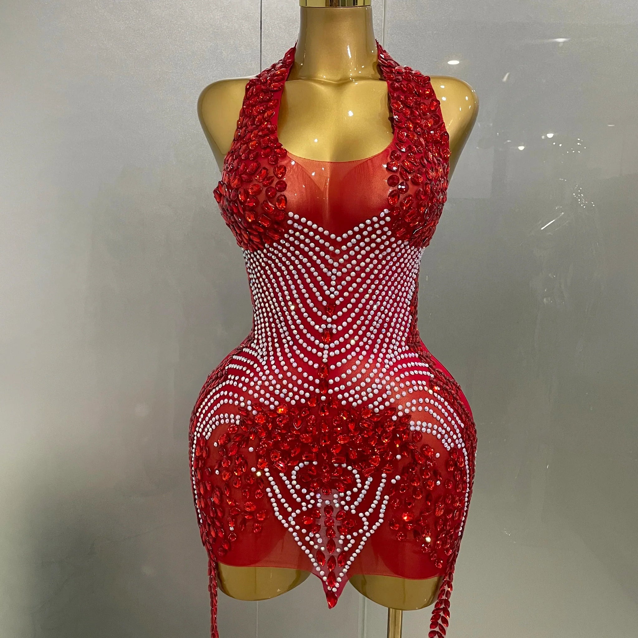 Sexy Sparkly Rhinestones Halter Backless Mesh Velour Short Dress Women Evening Prom Celebrate Birthday Party Stage Wear Red