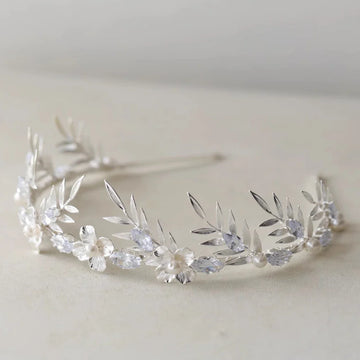 Bridal Hair Jewelry Pearl Crystal Tiara Headband Leaf Flower Headpiece For Brides Silver Color Headdress Wedding Accessories a
