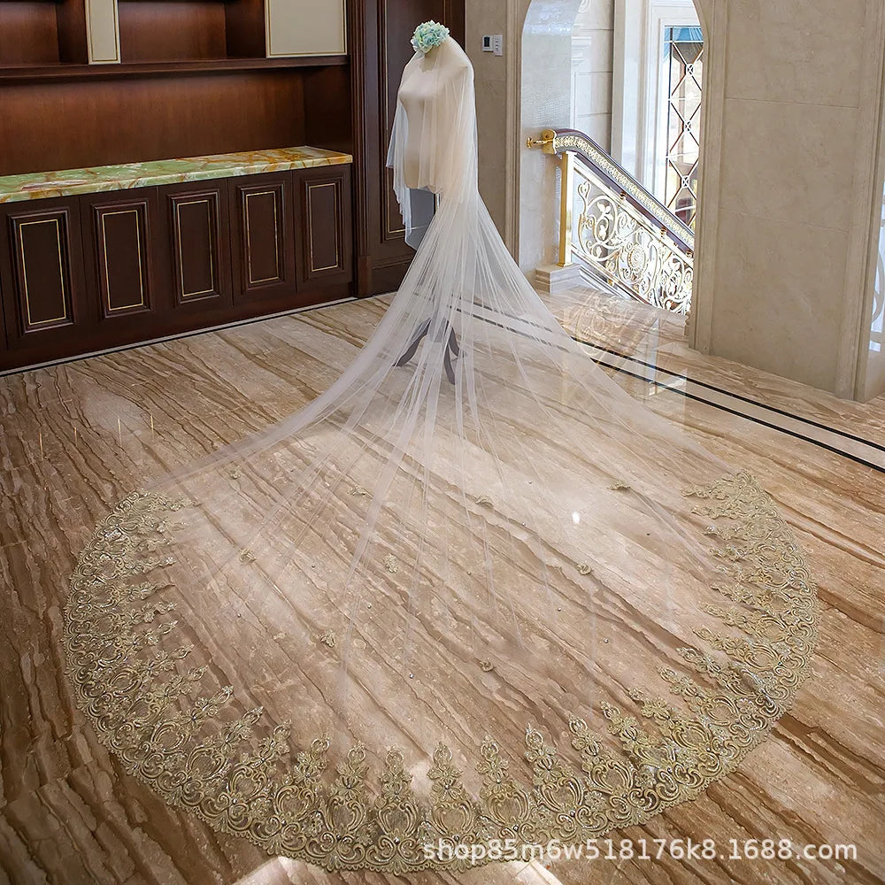 3.5 Meters Long Gold Lace Wedding Veil with Rhinestones Blusher Bridal Veil Metal Comb Off-White 350cm