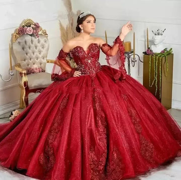 Glittering Burgundy Quinceanera Dresses Party Gowns Vestidos De 15 Anos Sexy Puffly Sleeves Applique Birthday