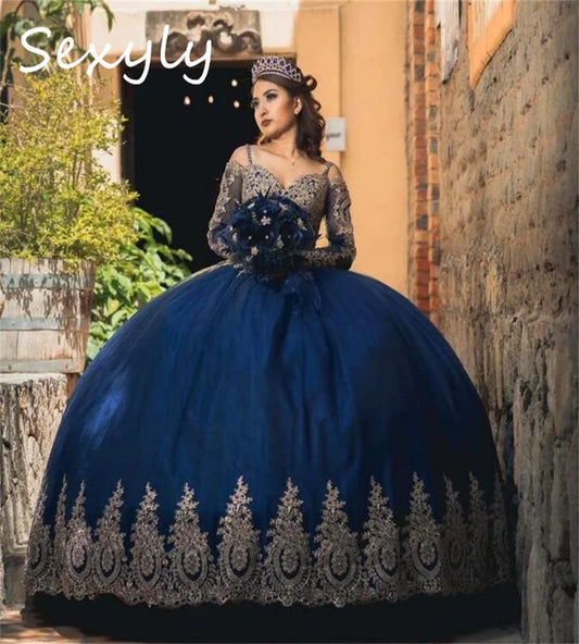 Princess Navy Blue Quinceanera Dress With Gold Appliques Long Sleeve Corset Vestidos De Xv Años Sixteen Birthday Customized