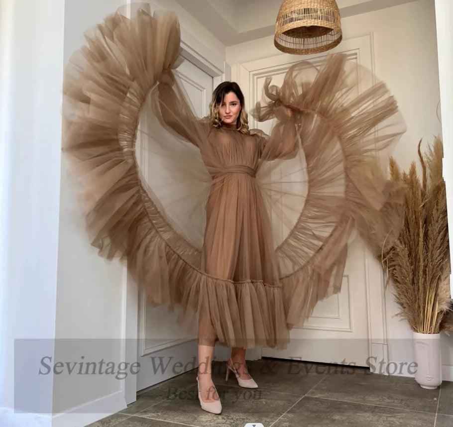 Long Sleeves Prom Gowns A Line Tulle Tiered Skirt Short Formal Special Party Dresses Women Bridesmaid Dress Light Brown