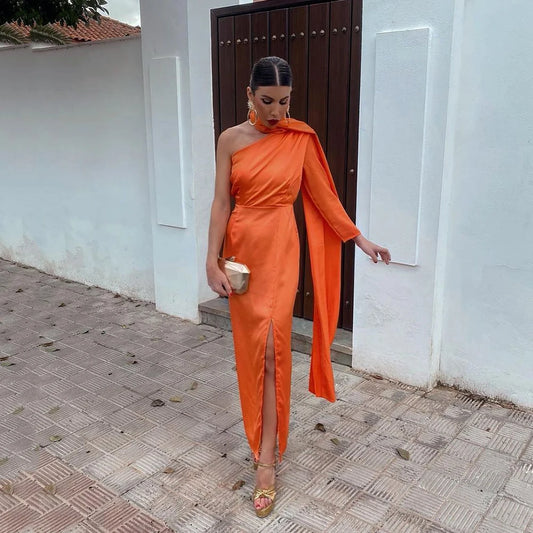 Orange Modern Prom Dresses One Shoulder Leg Slit Satin Bridesmaid Mermaid Party Gowns Formal Occasion Dresses As Picture