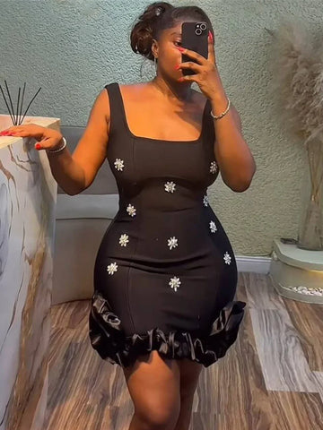 Spliced Diamonds Flower Bandage Mini Dress For Women Solid Color Sleeveless Bodycon Party Dresses Female 2025