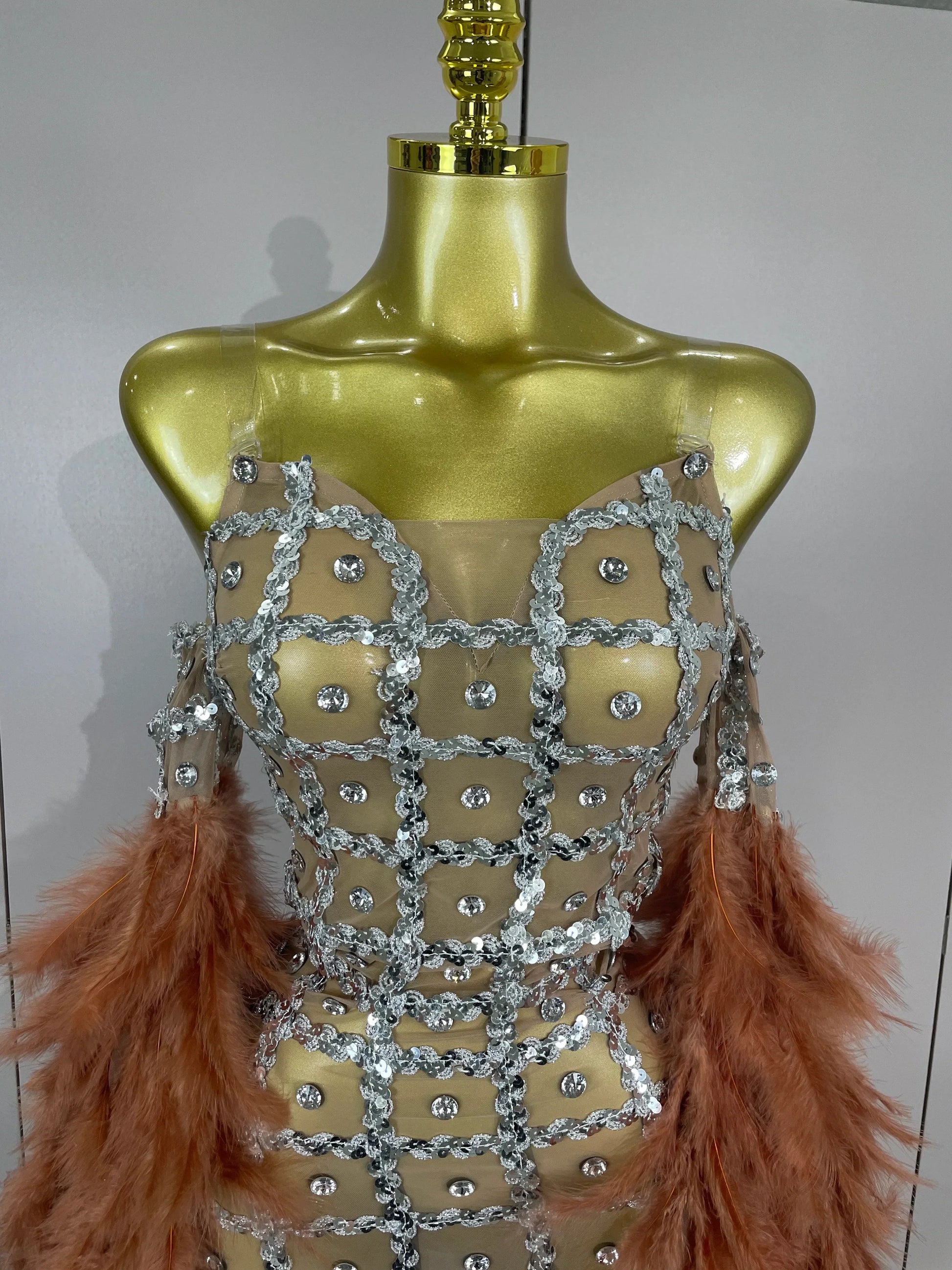 Luxury Sparkling Diamond Feather Mesh Tight Sexy Mesh Long Dress Women Birthday Party Nightclub Stage Performance Costume