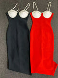 Black Red Color Women Sleeveless Sexy Strap Square Collar Bodycon Long Bandage Dress Nightclub Party Fashion Cocktail Dress Red