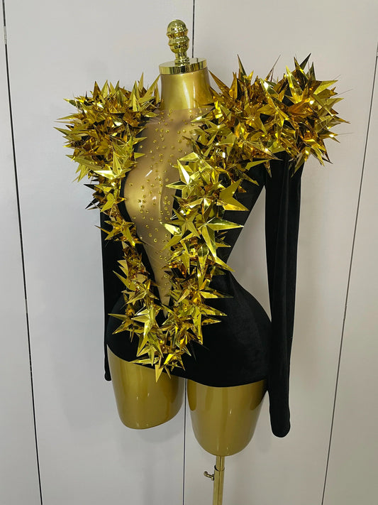 Shiny Gold Rhinestone Black Velvet Long Sleeve Bodysuit Women Evening Party Club Gala Hosts NightClub Bar Stage Costumes
