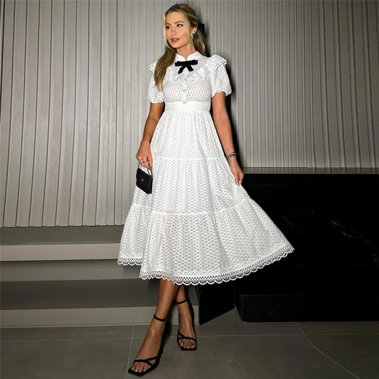 Fashion White Lace Prom Dress A-Line Puff Sleeves Black Bow Belt Ruched Knee Length Evening Dress vestido de gala White