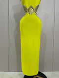 Luxury Sexy Backless Halter Beading Maxi Long Lemon Yellow Bandage Dress Women Elegant Evening Club Birthday Party Dress