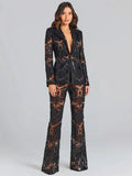 Sexy Autumn Women's Sequin Perspective Suit Pants Set with Polo Collar Long Sleeve Slim Fit Suit Coat+Flare Pants Two Piece Set black