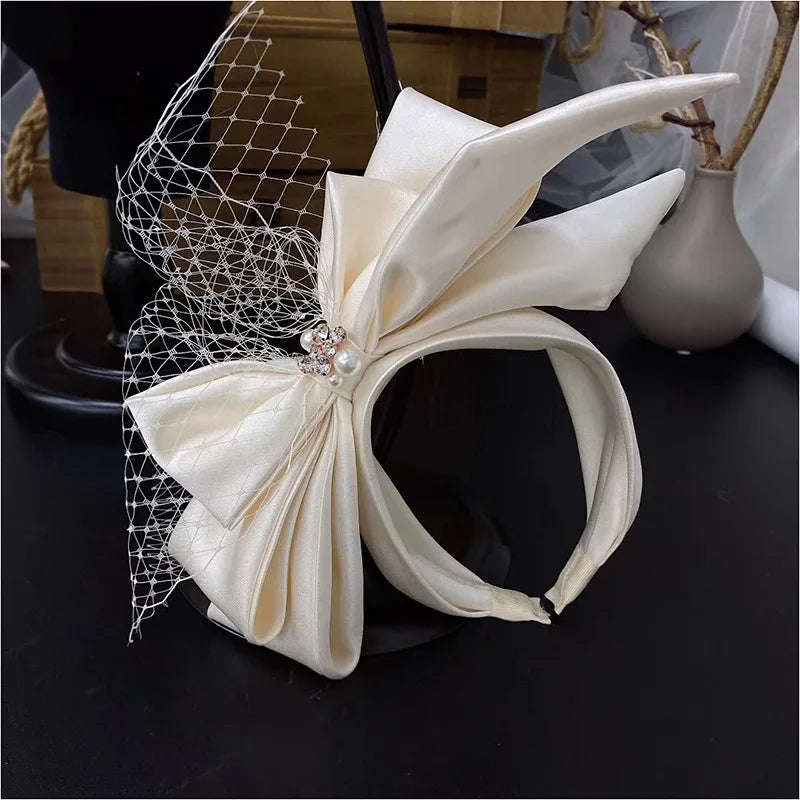 Vintage Bridal Headbands Wedding Party Fascinator Veil Women Satin Bowknot Hairband With Face Veils For Bride Headdress Headwear