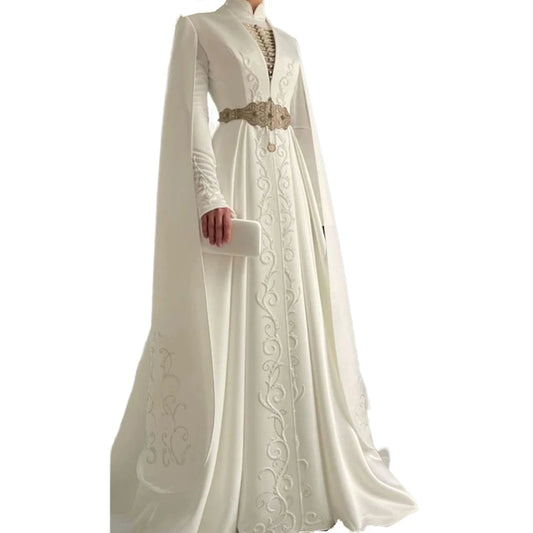 Embroidered Muslim Wedding Dresses Cape Long Sleeves High Neck customsized  Bride Gown arabic dubai Gelinlik