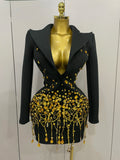 Sparkly Crystal Chains Pearls Long Sleeve Mini Dress Women Birthday Evening Party Nightclub Outfit Singer Wedding Costume Gold