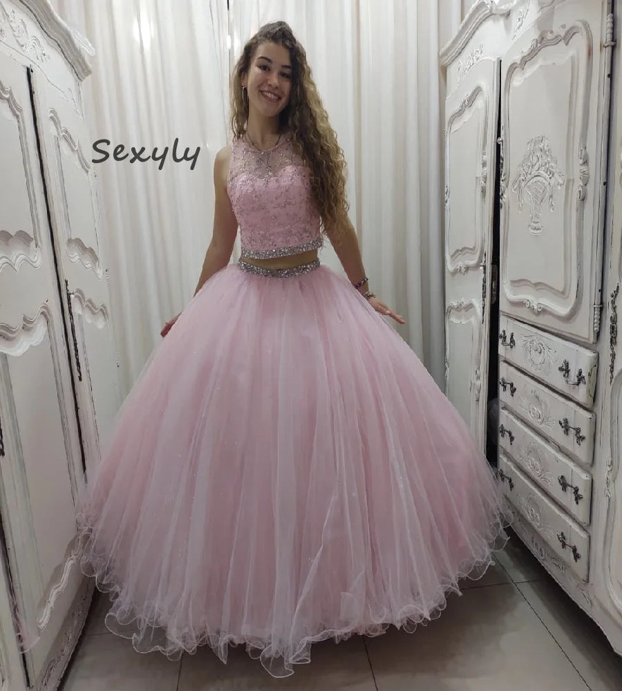 Princess Pink Quinceanera Dresses With Beaded Crystal Two Pieces A Line Sweet 16 Dress Tulle Vestidos De 15 Años PartyCustomized