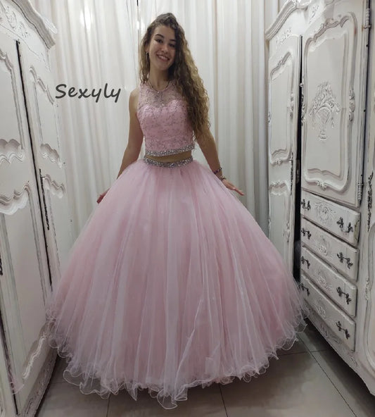 Princess Pink Quinceanera Dresses With Beaded Crystal Two Pieces A Line Sweet 16 Dress Tulle Vestidos De 15 Años PartyCustomized