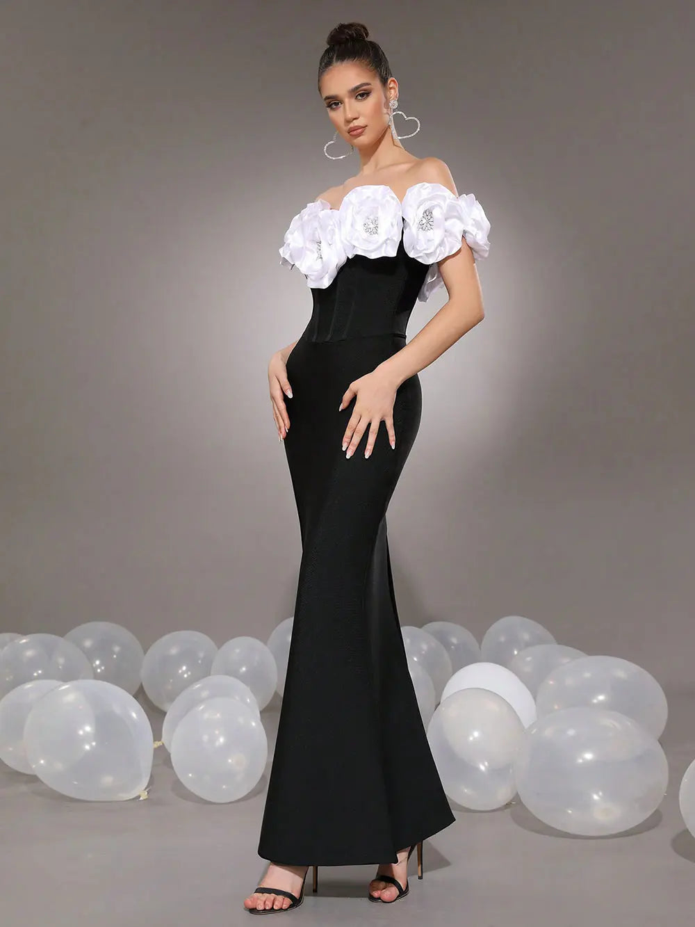 Elegant Women's Light Luxury Flower Design Bandage Dresses One Collar Shoulder Bodycon Bareback Long Dress Party Vestidos