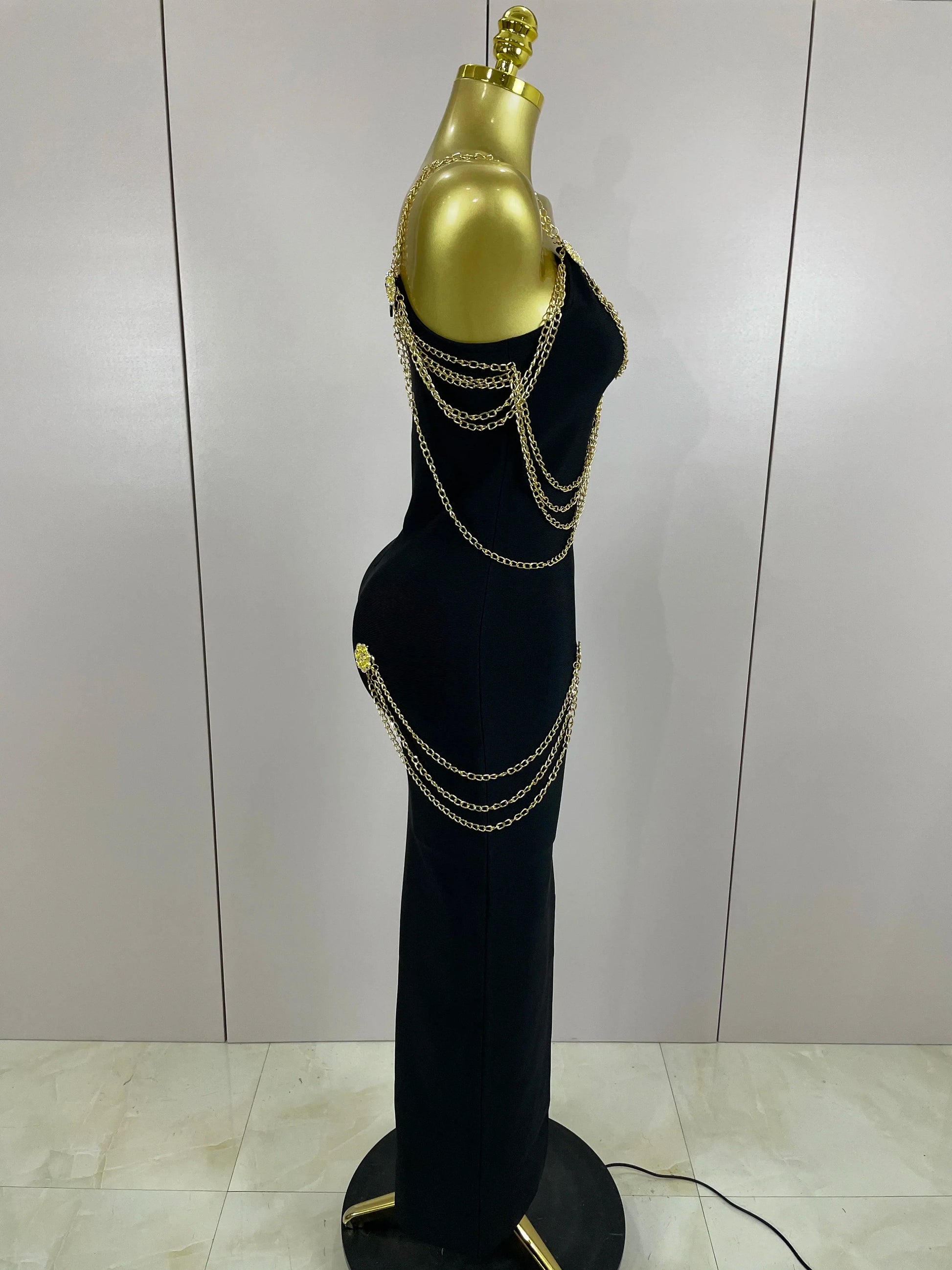 Black Chain Spaghetti Strap V-Neck Split Bandage Dress Bodycon Celebrity Club Party Long Dress Vestidos