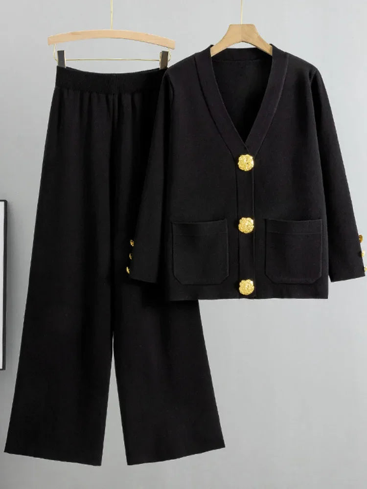 Casual Women's Knitted Pants Set V-neck Long sleeved Single breasted Knitted Sweater Cardigan+Flare Pants Two piece Set black