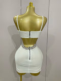Luxury Shiny Diamond Chain White Sexy Sleeveless Bodycon Mini Dress Evening Birthday Party Nightclub Stage Costume