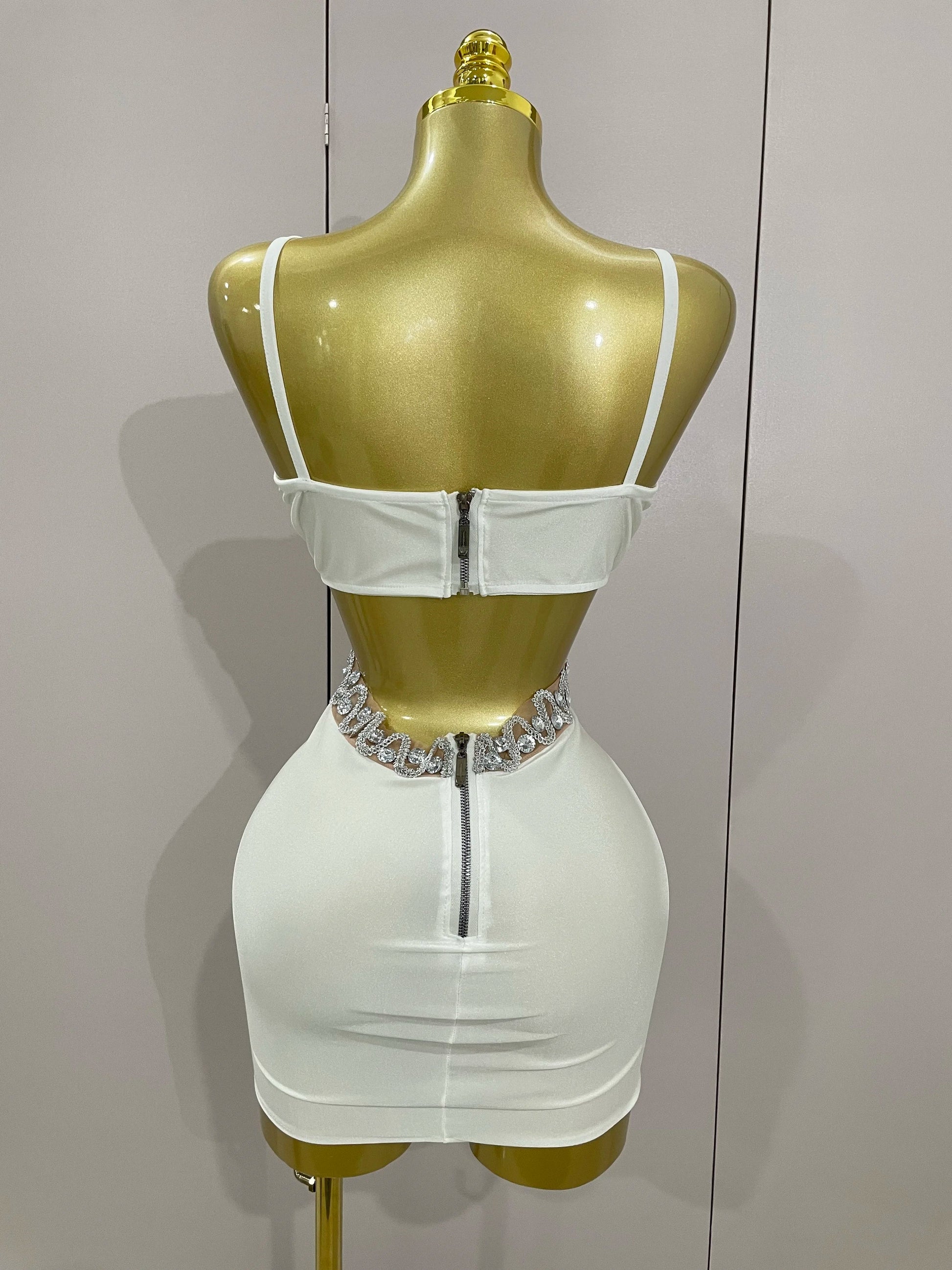 Luxury Shiny Diamond Chain White Sexy Sleeveless Bodycon Mini Dress Evening Birthday Party Nightclub Stage Costume