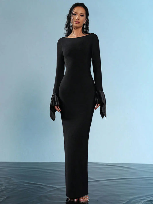 2024 New Elegant Women's Long Bandaged Dress O-neck Long Sleeve Bodycon Dress Cocktail Evening Party Christmas Vestidos black