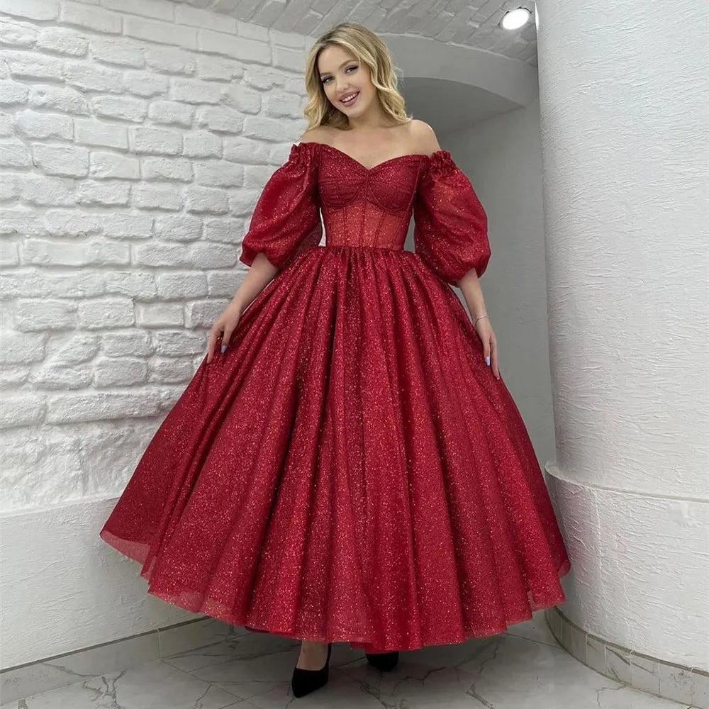 Exquisite Red Glitter SequinProm Dresses Half Puff Sleeves Pleat Ruched Homecoming Dress vestidos de graduación As Picture