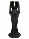 Elegant Solid Women Long Sleeved Floor Length Dress Sexy Party Backless Slim Female Maxi Dresses Summer Chic Lady Robe