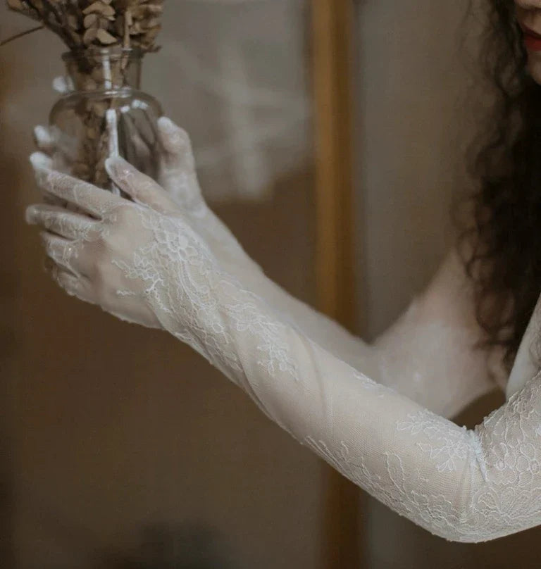 Lace Long Bridal Gloves Flower Wristband Pearl Wedding Glove For Women Girl Party Evening Dress Jewelry Brides Accessories