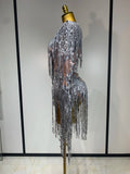 Sparkly Sequin Tassels Long Sleeve Silver Bodysuit Bar Women Singer Show Costume Celebrate Outfit Evening Dance Stage Outfit