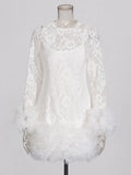2024 Sexy Women's Black Lace Mini Dresses O-neck Long Sleeve Bodycon Stacked Mesh Design Dress Cocktail Evening Party Vestidos WHITE